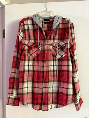 RSQ Red Plaid Button-Front Hooded Flannel Shirt